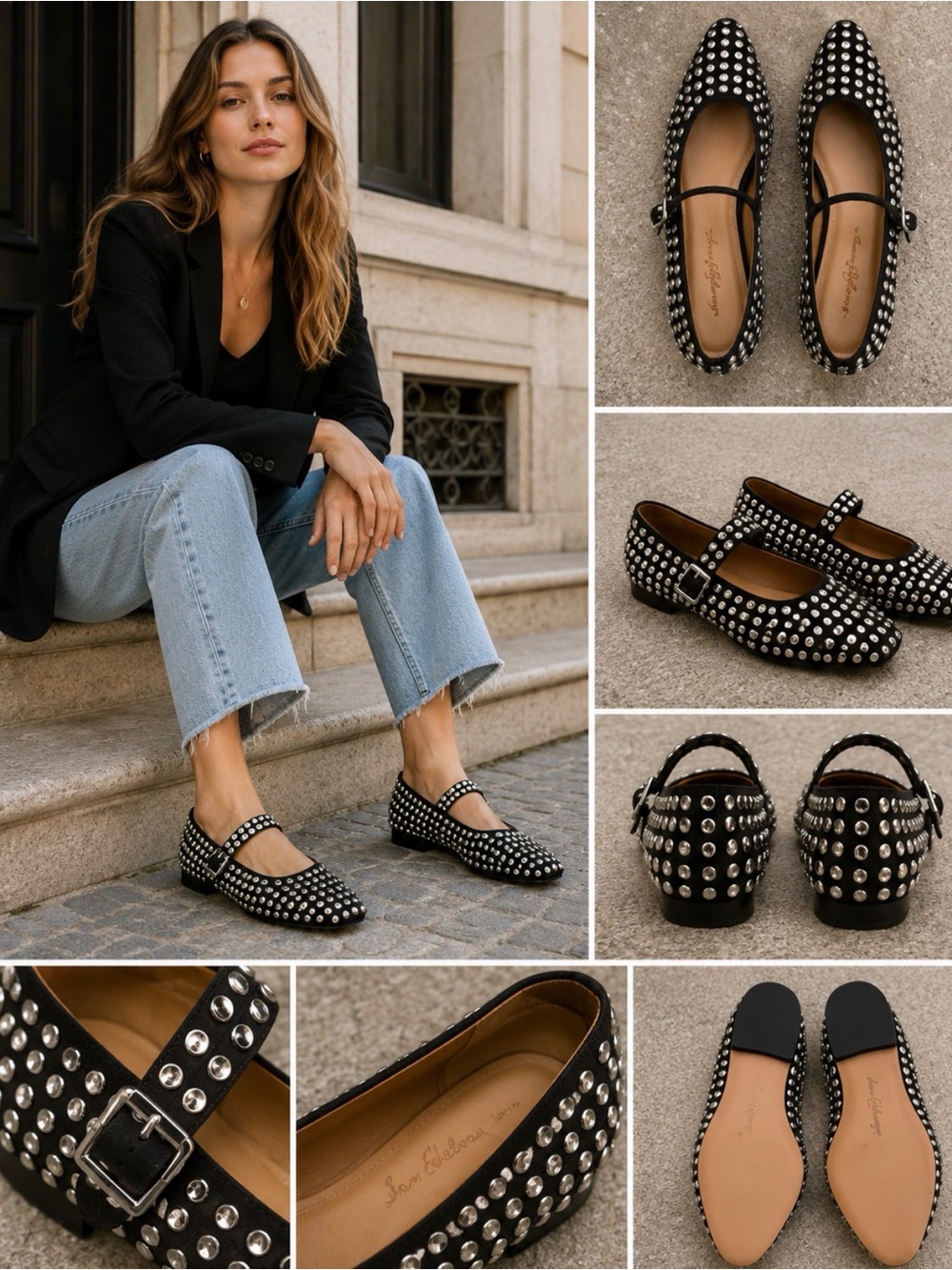 Sam Edelman Black Studded Mary Jane Flats with Crystal Accents
